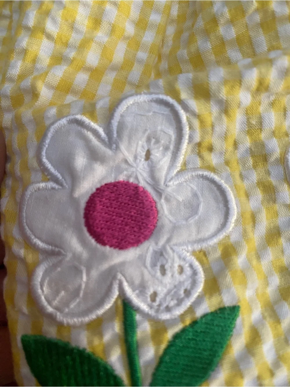 Yellow Gingham Seersucker Samara Girls' Dress with Pink Flower Appliqués Size 2T
